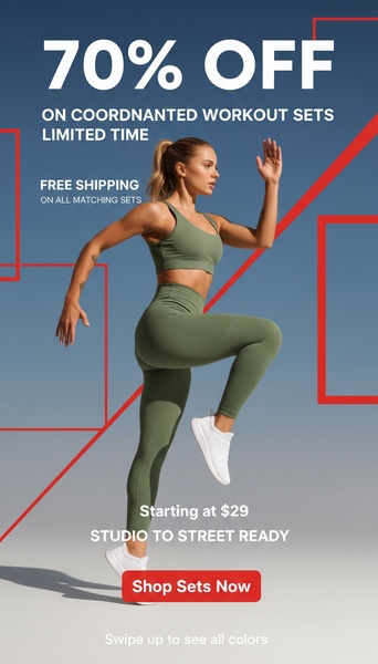 A vertical ad creative for matching workout sets that leverages a high-contrast red-on-blue color palette and a clear, value-driven promotional hook.